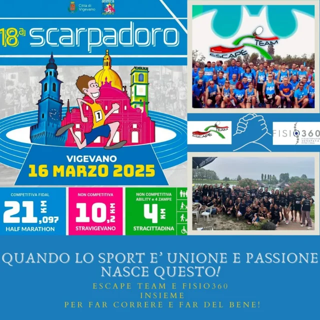 La @scarpadorovigevano si avvicina!
E cosa abbiamo pensato?
Di farvi correre tutti,ma proprio tutti sempre con la stessa idea comune.. far del bene! 
Da questo concetto nasce l’unione di @escapeteamvigevano e @fisio360_vigevano: lo sport è unione,passione,condivisione,è divertimento anche con magliette di colori diversi!
Con questa nuovo TEAM ESCAPE360 avete la possibilità di:
- correre la 10 km non competitiva a 15 euro (entro il 10\03)
- ⁠correre la 5 km non competitiva con o senza i vostri amici a 4 zampe a 10 euro o 15 se a 6 “zampe”.
- ⁠correre la magica 21 km competitiva a 23 euro con la possibilità di tesseramento escape!

Vi aspettiamo nei commenti per ulteriori info!

Comunicateci per ogni partecipante: nome e cognome,data di nascita, un riferimento (telefono o e-mail) e la taglia della maglietta!

Voi pensate solo a mettervi le scarpe e per il resto,ci pensiamo noi!